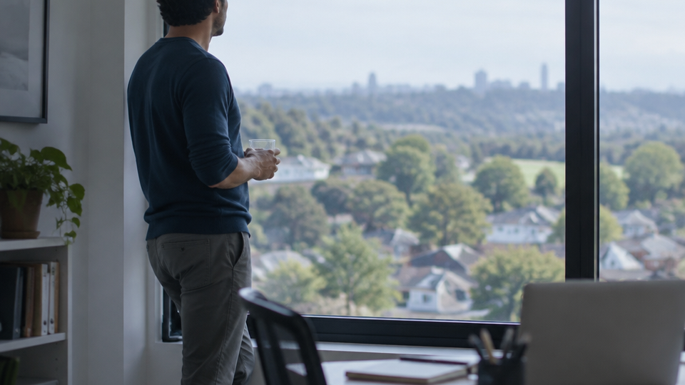 A man stands at a home office window holding a glass of water, looking out at distant rooftops and trees, while his desk and chair sit blurred in the background.