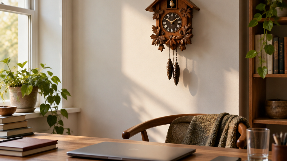 A carved wooden cuckoo clock on a pale wall above a tidy desk with an empty pushed-back chair, a closed laptop, and a phone lying face down beside an empty water glass.