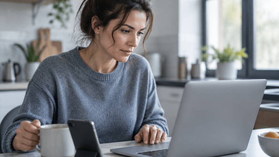 Side view of a woman at a kitchen table leaning toward a MacBook whose screen faces her and shows only the closed lid to the camera, with a phone propped toward her beside a mug.
