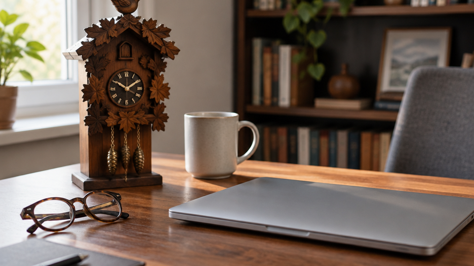 A carved wooden cuckoo clock with brass weights stands beside a closed laptop on a tidy desk in soft window light, with a mug and reading glasses nearby and a blurred bookshelf behind.