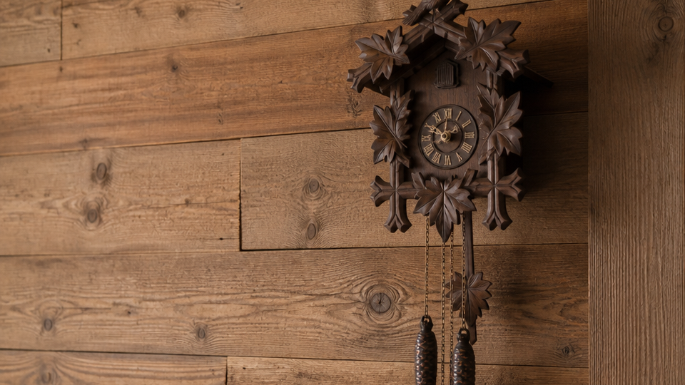 A traditional hand-carved cuckoo clock mounted on a wooden wall, evoking centuries of ambient timekeeping