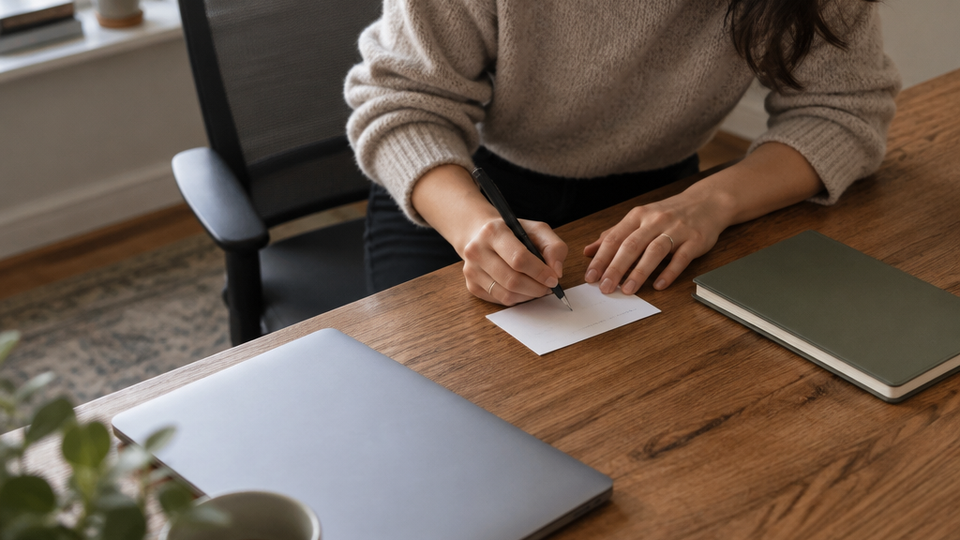 Hands writing a short line on a small index card at the edge of a wooden desk beside a closed laptop, chair pushed back in preparation to step away, text unreadable in soft daylight.