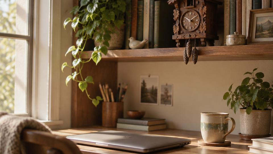 Small carved wooden cuckoo clock on a bookshelf above a tidy home desk with a closed laptop, mug, and potted plant, warm mid-morning light across the shelf.