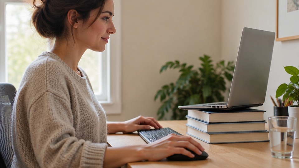 A laptop raised on a stack of hardcover books with an external keyboard and mouse at desk level, the back of the screen facing the camera on a sunlit wooden desk.