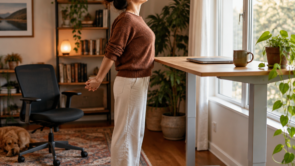 A person standing at a raised height-adjustable desk doing a shoulder stretch and looking toward a bright window, with a closed laptop and mug on the desk and the chair pushed back.