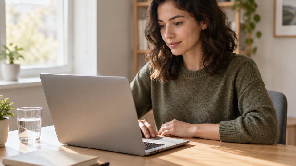 A person at a tidy workspace sets up break automations on a slim aluminum Mac, the display angled toward them and away from the camera, with a closed notebook and water glass on the desk.