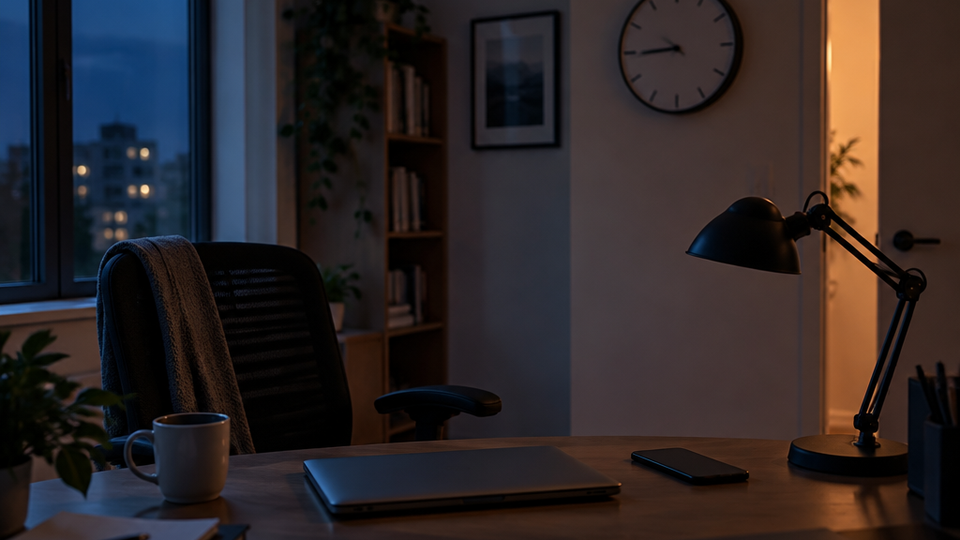 An empty home-office desk at night with a closed laptop, pushed-back chair, phone face down, and a wall clock reading just past nine in cool window light.