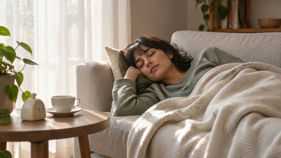Person napping on a sofa under a light blanket, an empty espresso cup and small analog timer on the side table