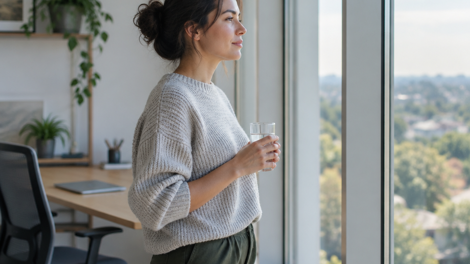 Remote worker standing at a bright window holding a glass of water, looking into the distance, closed laptop blurred behind them