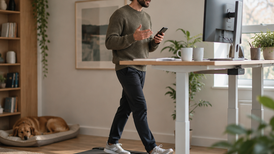 Man in a knit sweater walks on a compact pad while speaking on an audio call with over-ear headphones, phone held screen toward him, monitor back to the camera.