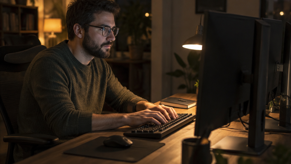 Developer seated in a task chair leaning toward a mechanical keyboard, two monitors facing away so only their dark backs show, desk lamp glowing in a dim evening room.