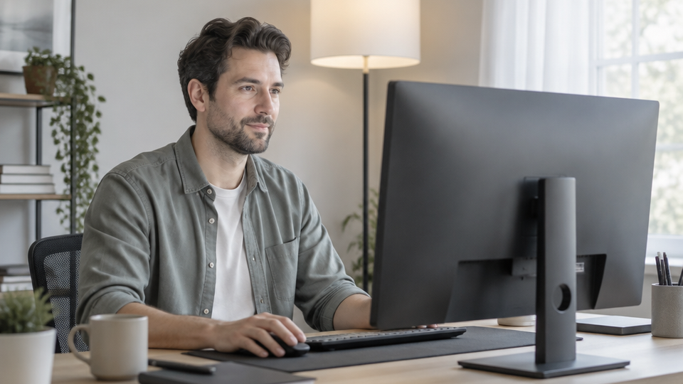 A man works at a desk with a large monitor turned away from the camera, a floor lamp and a curtained window providing even indirect light behind and beside the display.