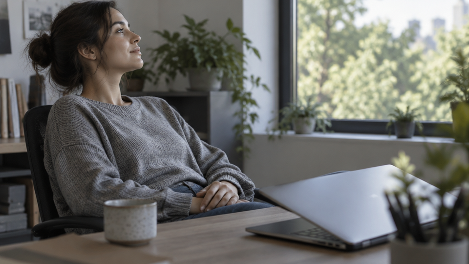 A woman leans back from her half-closed laptop during a break, gazing out a window at daylight and distant trees with her hands resting in her lap.