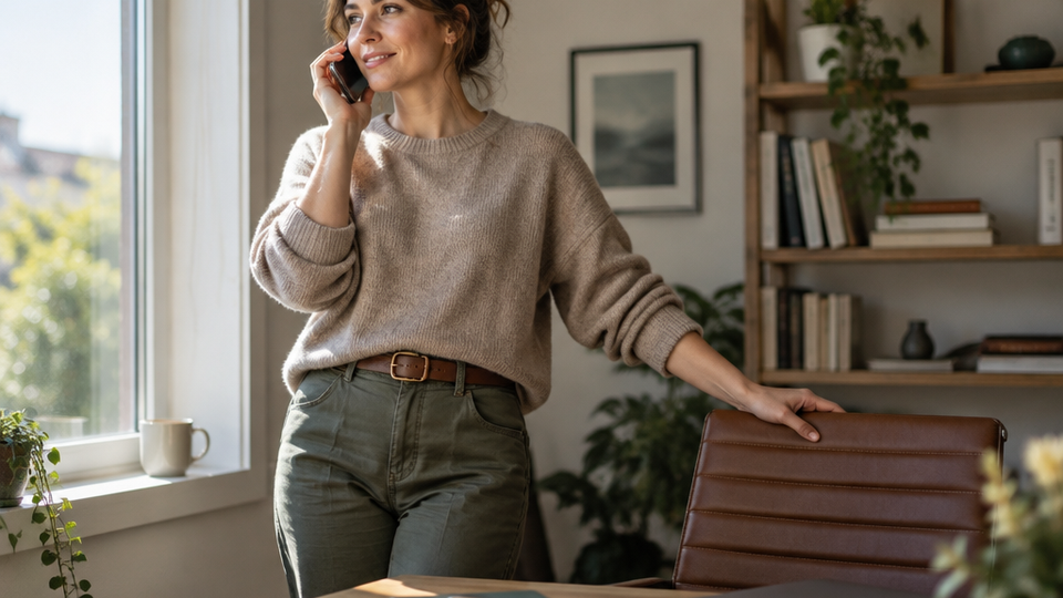 Freelancer standing by a bright home-office window speaking calmly on a phone, with a closed laptop, a shut notebook, and a mug on the sill.