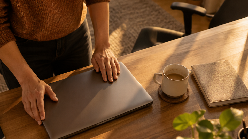 Overhead view of hands closing a laptop lid on a tidy home desk, with a closed notebook and half-finished coffee mug in warm late-afternoon light.