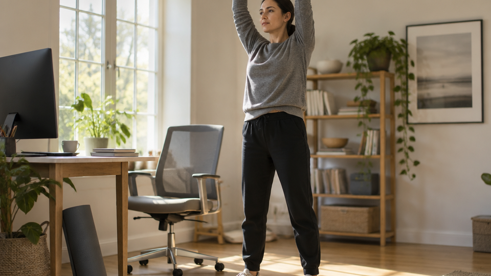 A person standing beside a desk chair doing an overhead arm stretch in soft morning light, the monitor dark and angled away, a rolled exercise mat leaning by the desk.