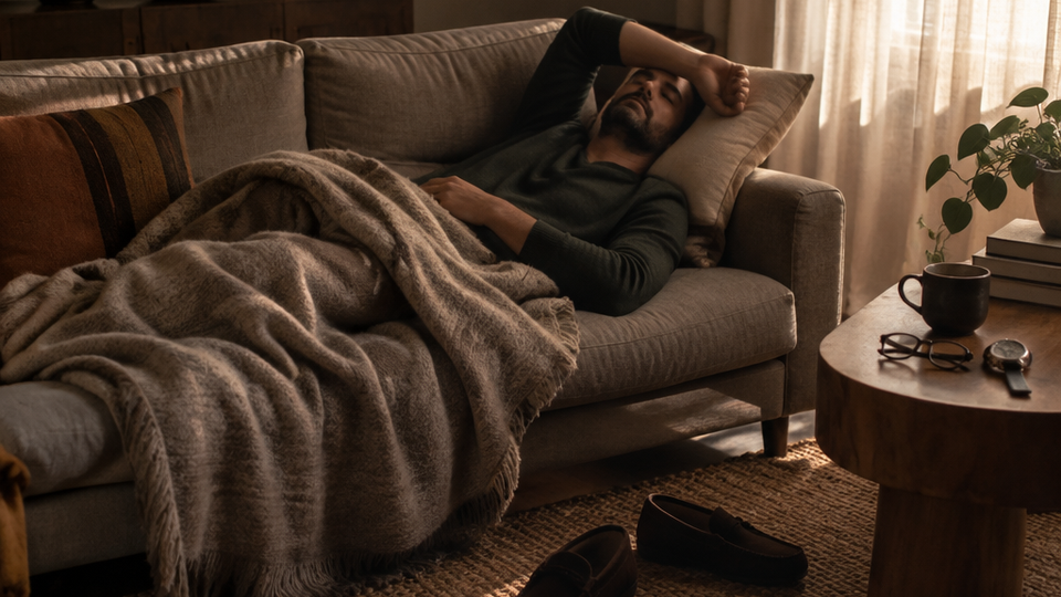 A person resting under a light blanket on a linen sofa in a dim living room, shoes off, a watch and glasses on the side table, curtains filtering low afternoon light.