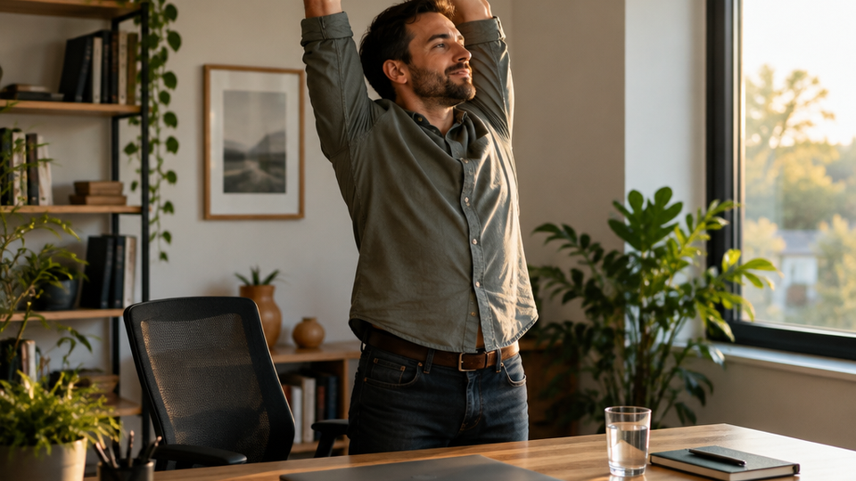 A man stands beside his desk chair stretching his arms overhead next to a shut laptop in a softly lit home office.