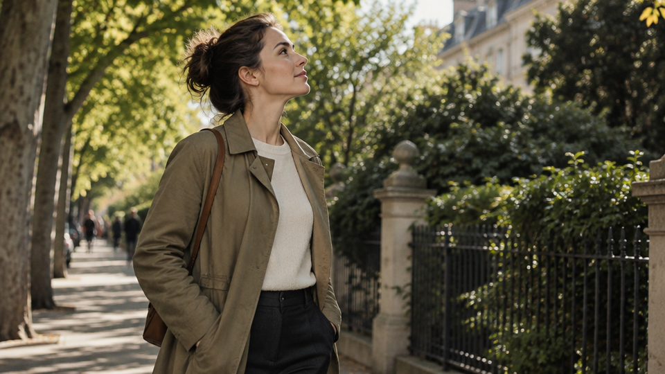 A woman takes a midday walk break along a tree lined sidewalk, phone in her pocket, eyes on distant rooftops.