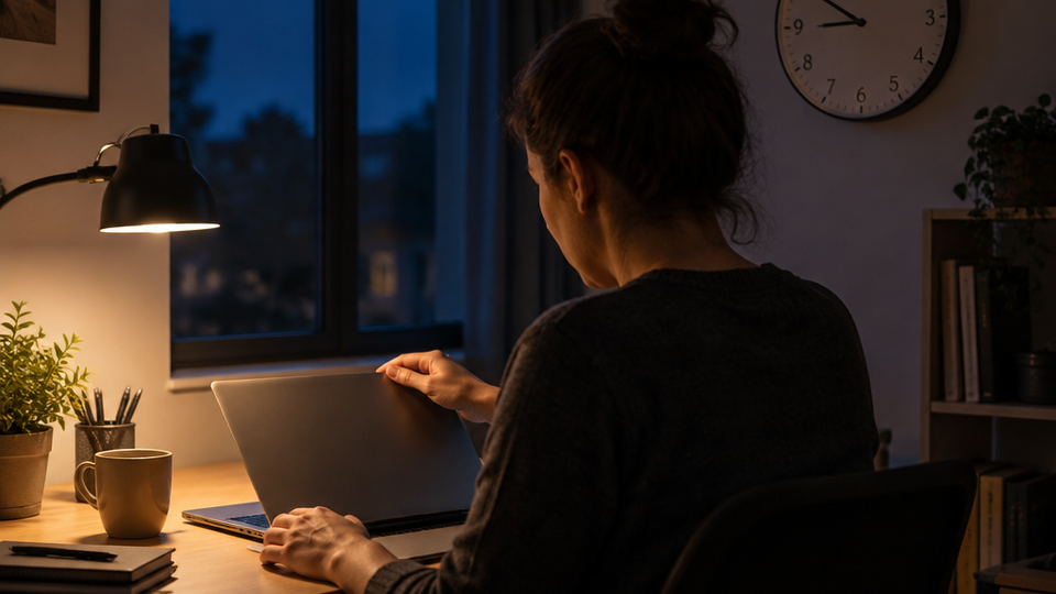 A person closing a laptop lid at a small home desk late at night, lit by a single warm lamp, with a wall clock showing close to ten.