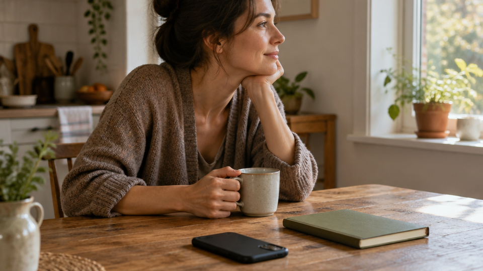 A person drinking tea at a kitchen table in daylight, looking toward a window, with a smartphone lying face down beside a closed notebook.