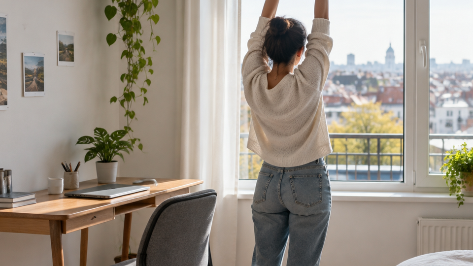 A home worker standing beside a desk stretching and looking out a window toward distant rooftops, chair pushed back and laptop closed.