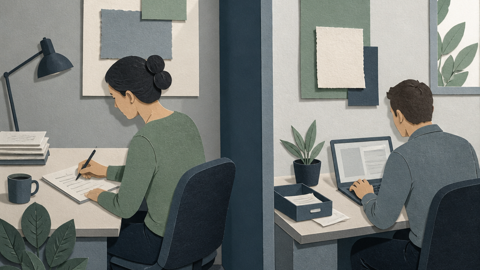 An editorial collage contrasting different types of work sessions: a long focused writing block on one side and a quick email triage cycle on the other, separated by a visual divider