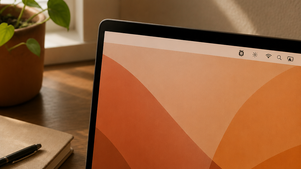 Close up of a macOS menu bar on a laptop screen with a small timer icon visible, representing a lightweight break reminder app running unobtrusively in the background