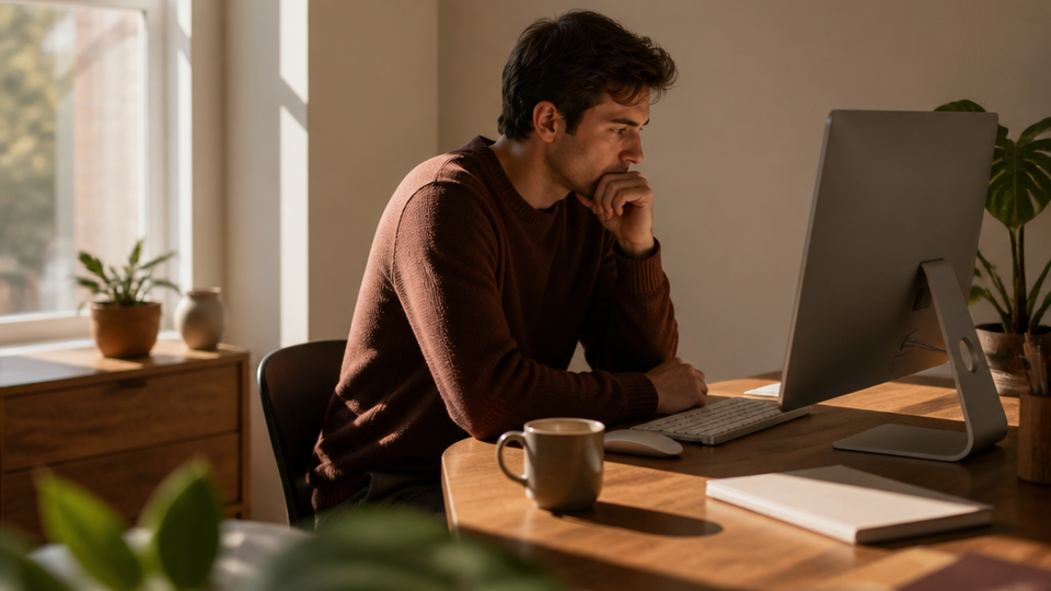 A Mac user deeply focused on work at their desk, illustrating how flow state makes people forget to take eye breaks