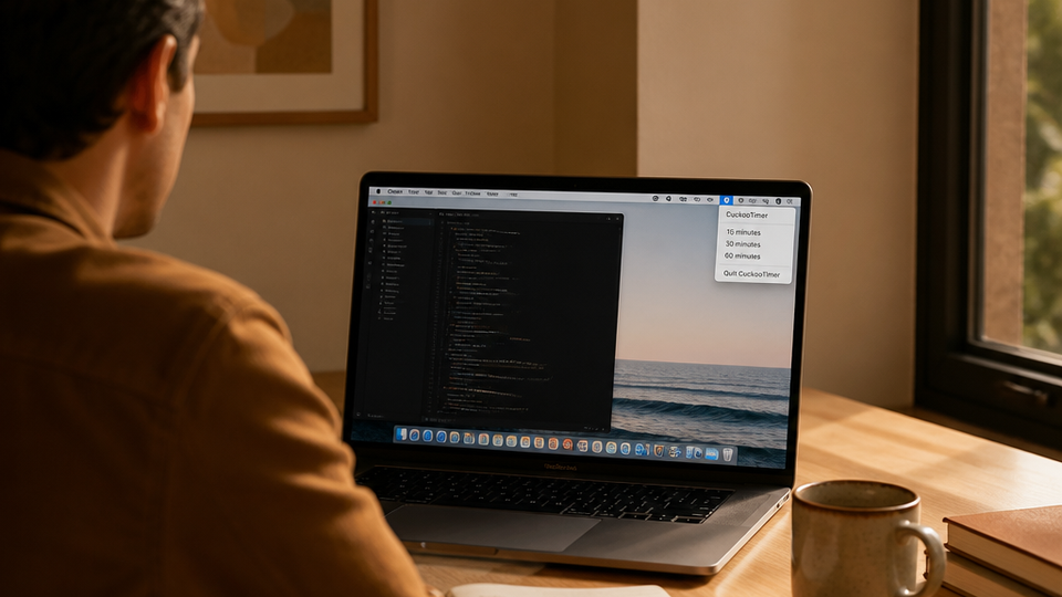 A person working at their Mac with the CuckooTimer app visible in the menu bar, warm afternoon light on the desk