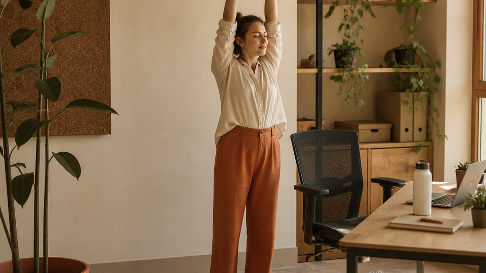 A person stands up from their desk chair, stretching both arms overhead in a brief movement break during the workday