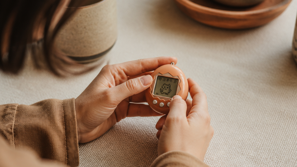 A person's hands holding a small handheld digital device, the tiny screen displaying a simple animated character that evokes real caregiving instincts