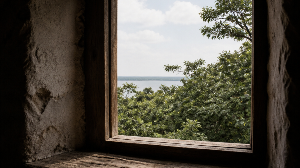 Close view of a window frame opening onto green trees, drifting clouds, and a sliver of distant water, no people.