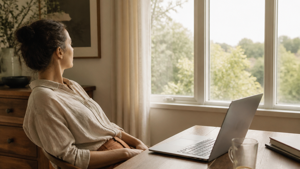 A coffee cup rests beside a laptop as someone leans back in their chair and gazes out a bright window in the background.