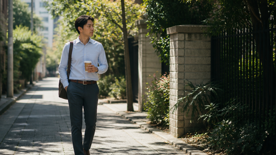 An office worker steps outside at midday for a walk along an unfamiliar leafy street, turning a coffee break into a distinct memory marker.