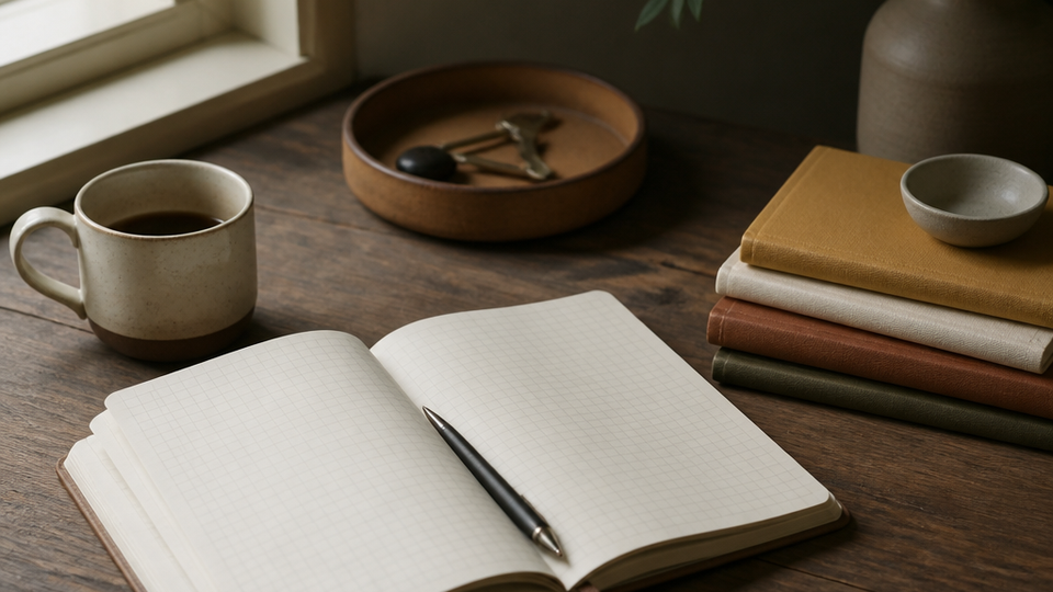 An editorial photograph of an organized desk and practical planning materials in a simple tabletop setup, with no people in frame.