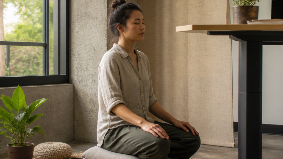 An editorial photograph of an ordinary, sustainable wellness routine in a modern workspace, centered on one person.