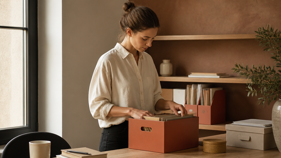 An editorial photograph of a calm, practical organization routine in a modern workspace, centered on one person.