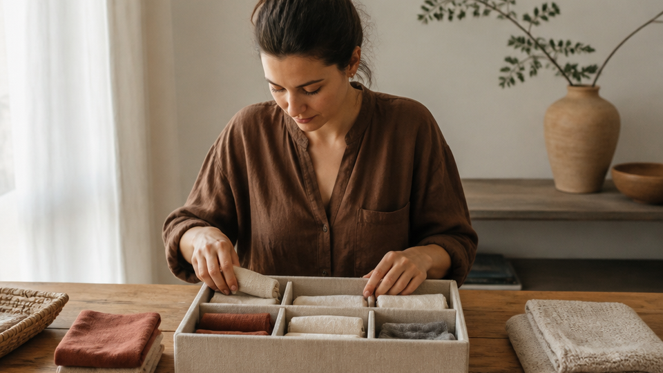An editorial photograph of a calm, practical organization routine in a simple tabletop setup, centered on one person.