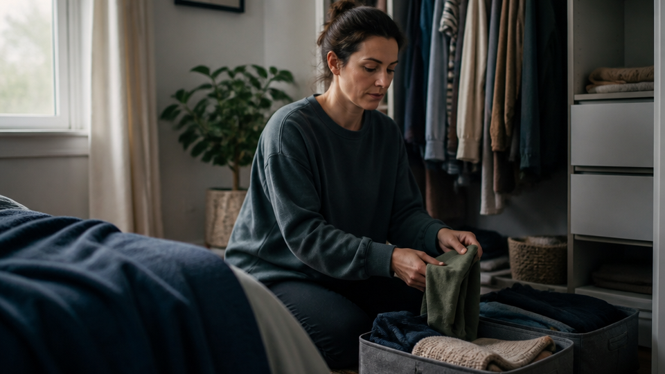 An editorial photograph of a calm, practical organization routine in a comfortable home, centered on one person.