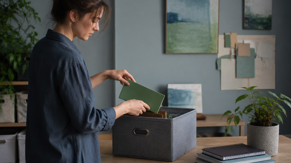 An editorial photograph of a calm, practical organization routine in a modern workspace, centered on one person.