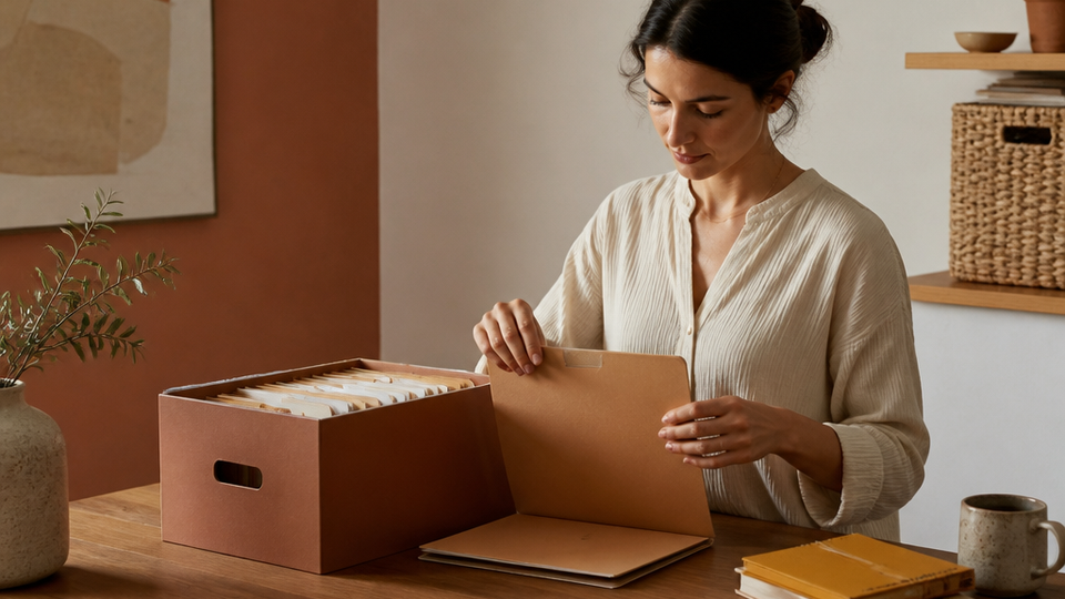 An editorial photograph of a calm, practical organization routine in a modern workspace, centered on one person.