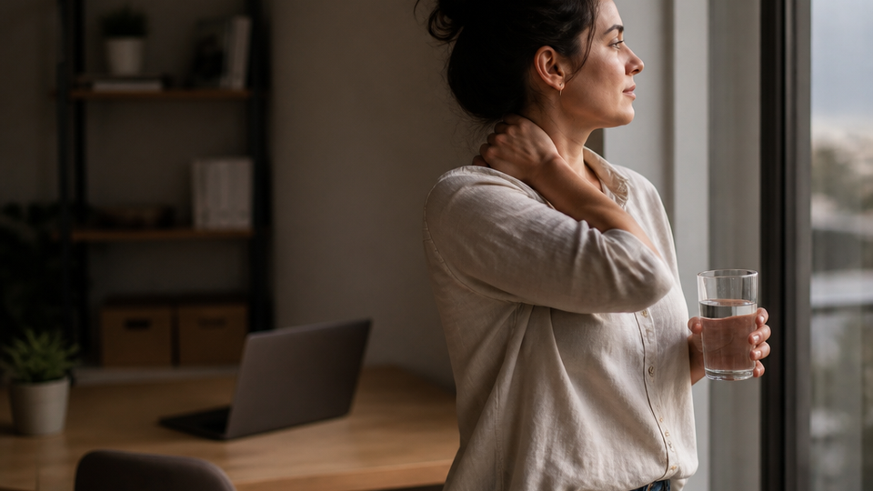 A worker stands beside a desk, stretching a shoulder and holding water while looking away from an out of focus laptop.
