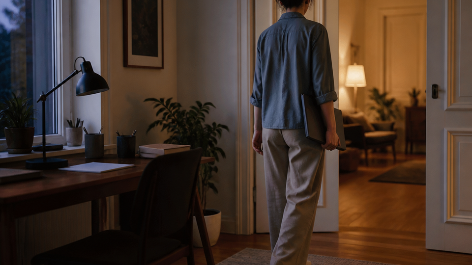 Worker closes a laptop and leaves a home workspace through an open doorway at dusk.