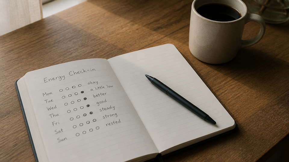 An open notebook on a desk showing handwritten energy level notes with a pen resting on top, coffee cup nearby, soft natural lighting