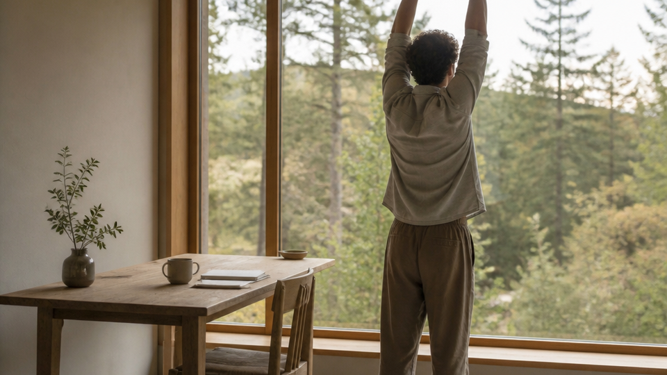 Someone stretching their arms above their head while standing beside a desk near a window, looking out at distant trees during a short break