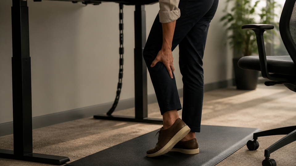 Standing desk worker shifts weight and rubs a tired calf beside a chair and anti-fatigue mat.