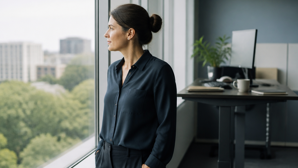 Desk worker looks through a window at the distance while the raised workstation remains behind them.