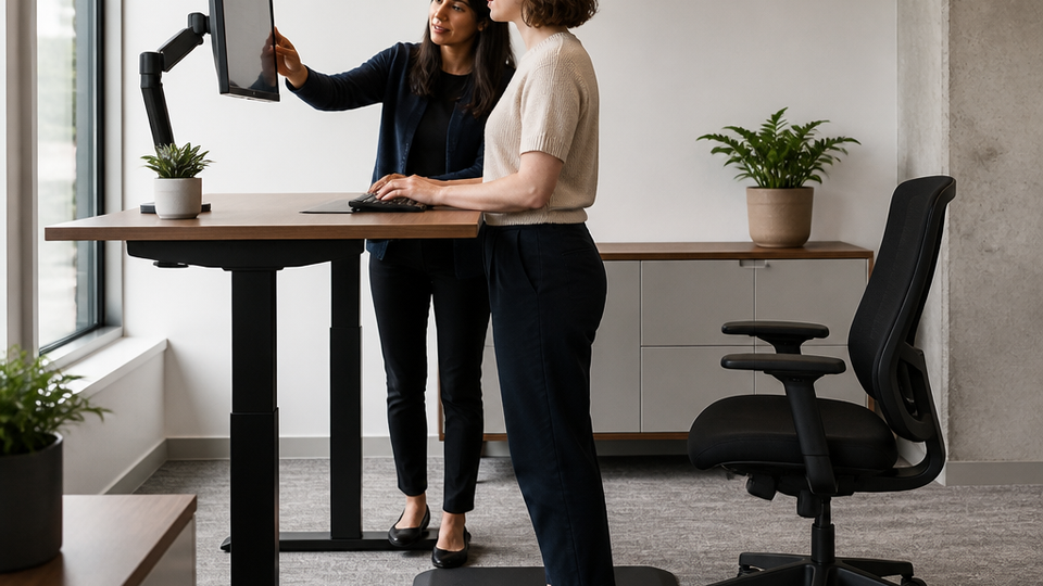 Ergonomics specialist adjusts a monitor while an office worker tests keyboard height at a standing desk.