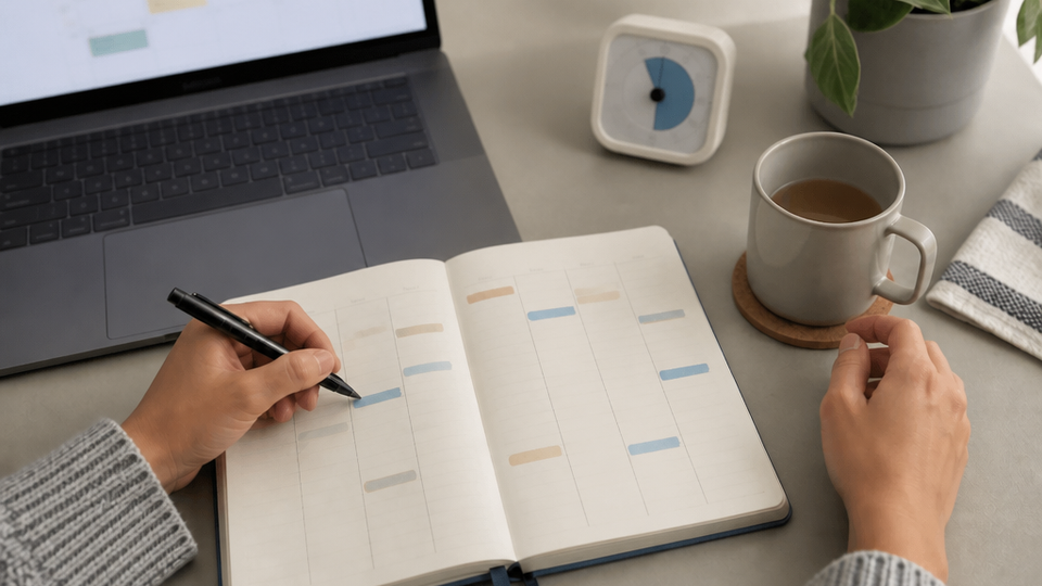 Remote worker marks time blocks in a paper weekly planner beside a blurred laptop calendar, mug, and small timer.